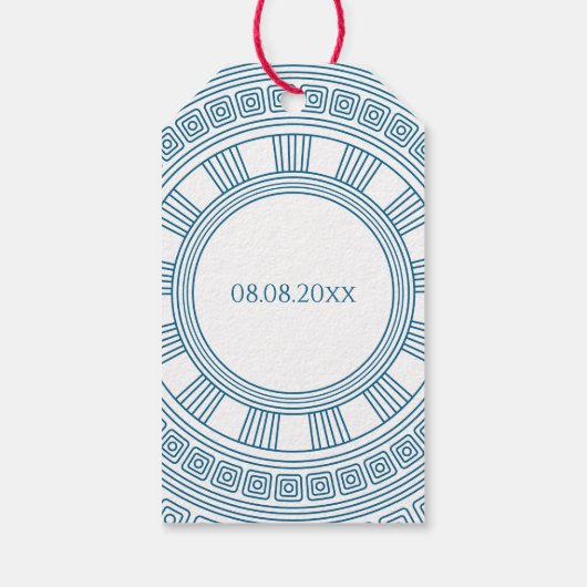 Griekse themafeestgunsten met blauwe patronen cadeaulabel (Achterkant)