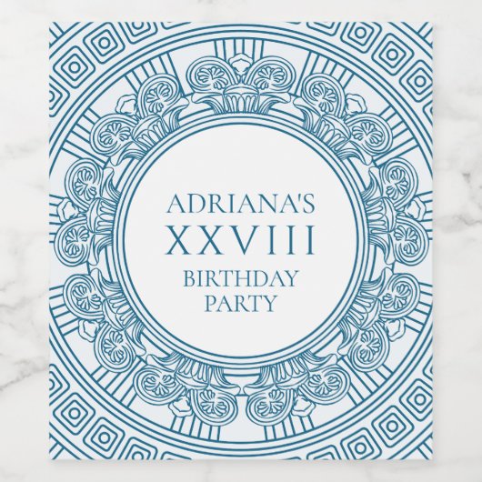 Griekse toga-feestthema met blauwe patroon wijn etiket (Enkel label)