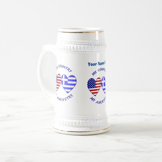Griekse USA Hearts Land voorouders gepersonaliseer Bierpul (Voorkant links)