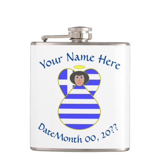 Griekse vlag Angel Black Hair gepersonaliseerd Heupfles (Voorkant)