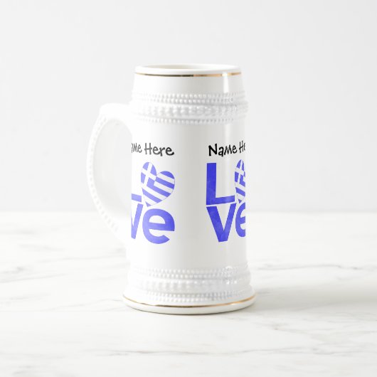Griekse vlag — Hart Blue LOVE met Jouw naam Bierpul (Voorkant links)