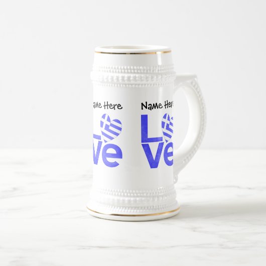Griekse vlag — Hart Blue LOVE met Jouw naam Bierpul (Voorkant rechts)