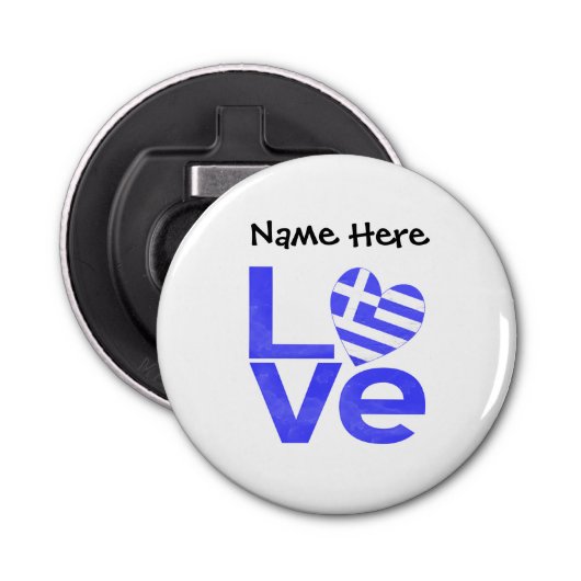 Griekse vlag — Hart Blue LOVE met Jouw naam Button Flesopener (Voorkant)