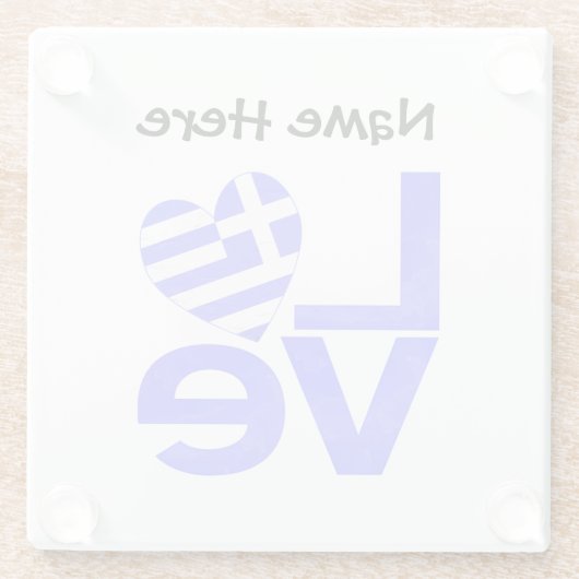 Griekse vlag — Hart Blue LOVE met Jouw naam Glazen Onderzetter (Achterkant)