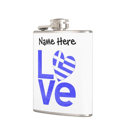 Griekse vlag — Hart Blue LOVE met Jouw naam Heupfles (Links)