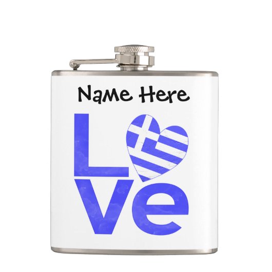 Griekse vlag — Hart Blue LOVE met Jouw naam Heupfles (Voorkant)