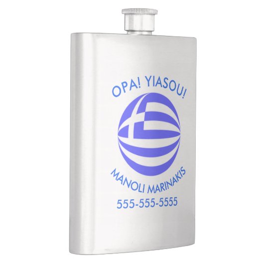Griekse vlag met naam, telefoonnummer, bericht flacon (Rechts)