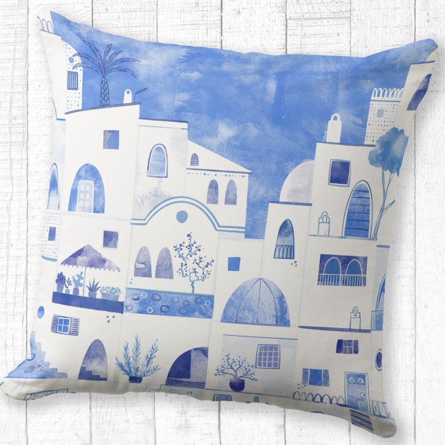 Griekse Waterverf Santorini Kussen (Oia Santorini watercolor art blue and white throw pillow)