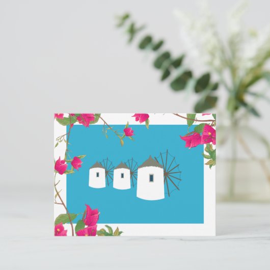 Griekse windmolens op het Griekse eiland Bougainvi Feestdagenkaart (Staand voorkant)