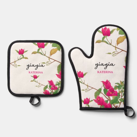 Griekse Yiayia Griekse grootmoeder Bougainvillea Ovenwant & Pannenlap Set (Voorkant)