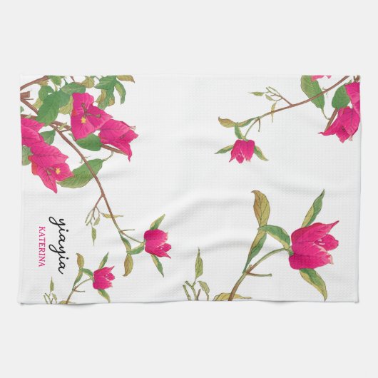 Griekse Yiayia Griekse grootmoeder Bougainvillea Theedoek (Horizontaal)