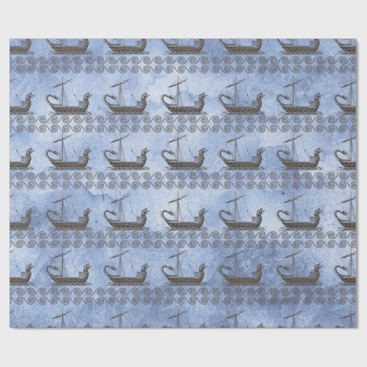 Griekse zeilschepen en scrollen op blauw cadeaupapier (Vlak)