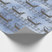 Griekse zeilschepen en scrollen op blauw cadeaupapier (Hoek)