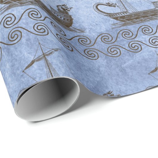 Griekse zeilschepen en scrollen op blauw cadeaupapier (Rol Hoek)