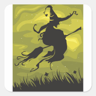 Griezeld Halloween-heks vliegend op bezemsteel Vierkante Sticker