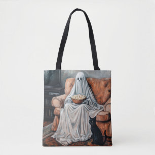 Griezelfilm Nacht Geest en Kat Kijken TV Tote Bag