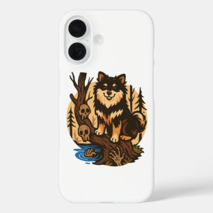Griezelig bos hond met schedels horror kunst iPhone 16 hoesje