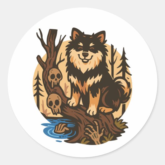 Griezelig bos hond met schedels horror kunst ronde sticker (Voorkant)