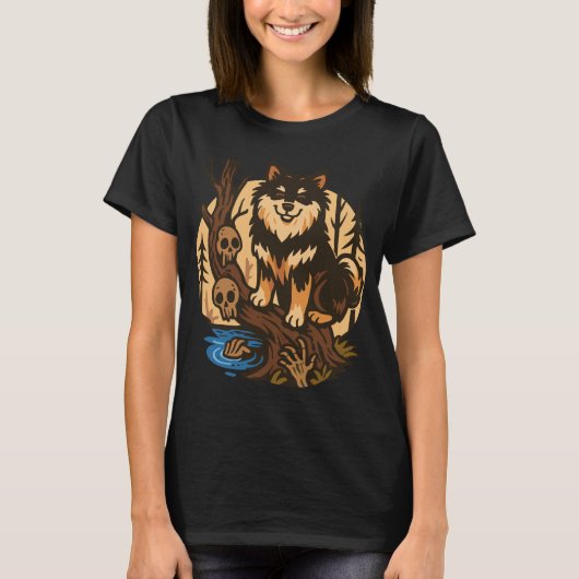 Griezelig bos hond met schedels horror kunst t-shirt (Voorkant)