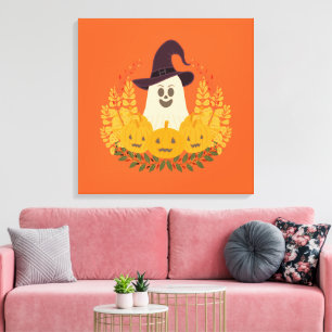 Griezelig Cute Geest En Pompoenen Herfst Krans Canvas Afdruk