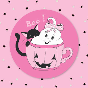Griezelig Cute Geest Zwarte Kat Roze Halloween Sti Ronde Sticker