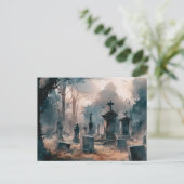 Griezelig en mooi grijs kerkhof Halloween Feestdagenkaart (Staand voorkant)