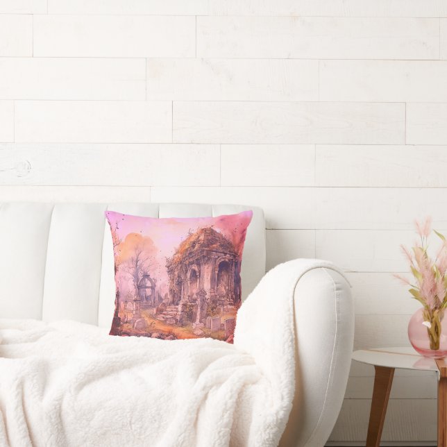 Griezelig en Spooky Cemetery Roze Halloween Kussen (Bank)