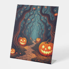 Griezelig gelukkige halloween reclamebord met voetstuk