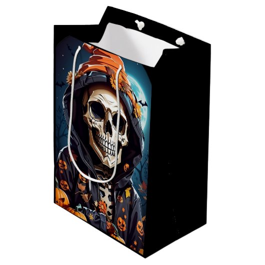 Griezelig Grinning Skeleton Halloween Medium Cadeauzakje (Voorkant Gekanteld)