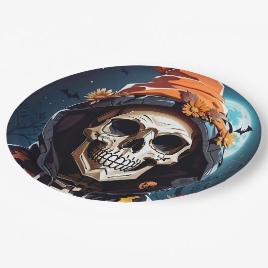 Griezelig Grinning Skeleton Halloween Papieren Bordje (Gekanteld)
