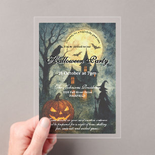 Griezelig Halloween Feest - Spokenhuis & Pompoen Acryl Uitnodigingen