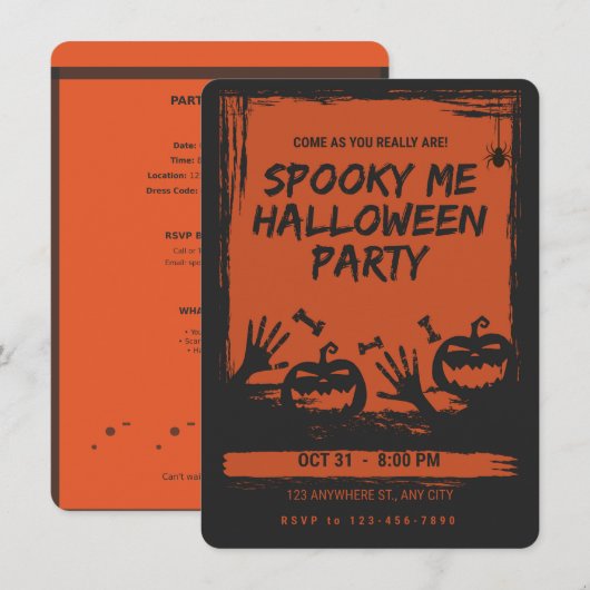 Griezelig Halloween-feest Uitnodiging Oranje Zwart (Voorkant / Achterkant)