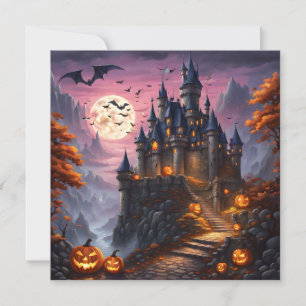 Griezelig Halloween-kasteel en pompoenen Feestdagenkaart