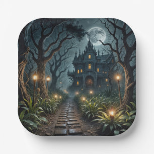 Griezelig Halloween-landhuis in het maanlicht Papieren Bordje