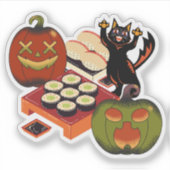 Griezelig Halloween Sushi Feest met Speelse Zwarte Sticker (Voorkant)