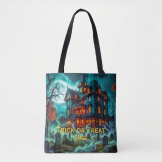 Griezelig huis bij de spookachtige begraafplaats tote bag