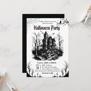 Griezelig Huis Halloween Feest Zwart Wit Gotisch Kaart