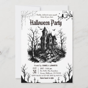 Griezelig Huis Halloween Feest Zwart Wit Gotisch Kaart
