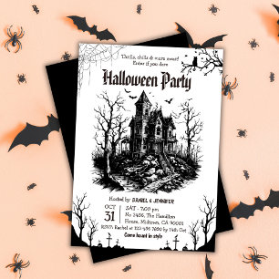 Griezelig Huis Halloween Feest Zwart Wit Gotisch Kaart
