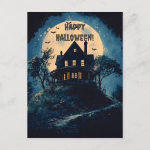 Griezelig huis op een heuvel, Halloween concept Feestdagenkaart