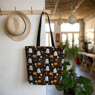 Griezelig Knuffel Geest & Pompoen Patroon Hallowee Tote Bag