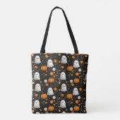 Griezelig Knuffel Geest & Pompoen Patroon Hallowee Tote Bag (Achterkant)