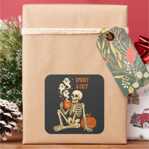 Griezelig Knus Skelet Pompoen Koffie Halloween Vierkante Sticker