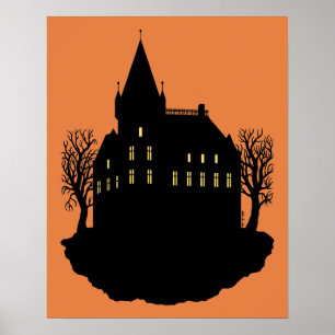 Griezelig landhuis in silhouet poster