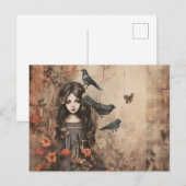 Griezelig meisje met zwarte vogels en bloemen Hall Feestdagenkaart (Voorkant / Achterkant)