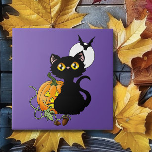 Griezelig Paarse Lieve Zwarte Kat Halloween Pompoe Tegeltje