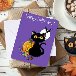 Griezelig Paarse Schattige Zwarte Kat Halloween Po Kaart