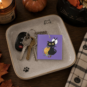 Griezelig Paarse Schattige Zwarte Kat Halloween Po Sleutelhanger