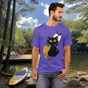 Griezelig Paarse Schattige Zwarte Kat Halloween Po T-shirt