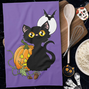 Griezelig Paarse Schattige Zwarte Kat Halloween Po Theedoek